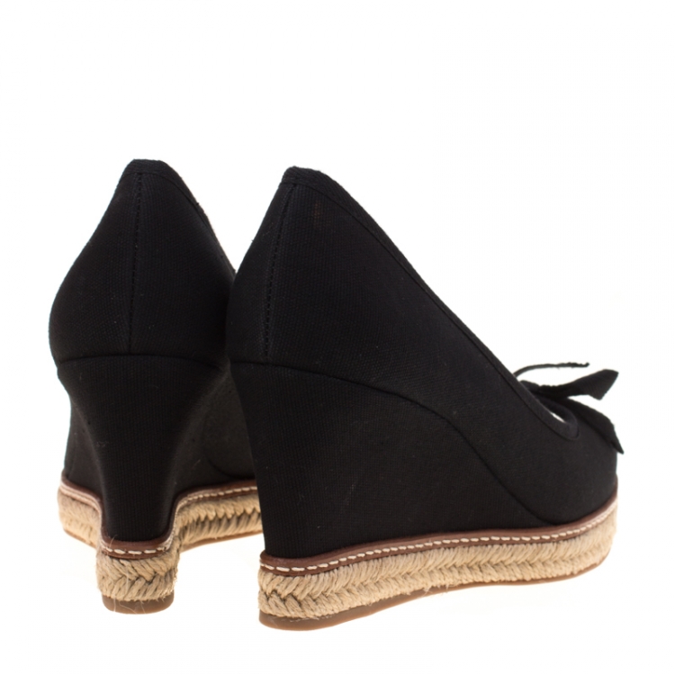 Pre Owned Tory Burch Black Canvas Jackie Espadrille Wedge Pumps Size 39.5