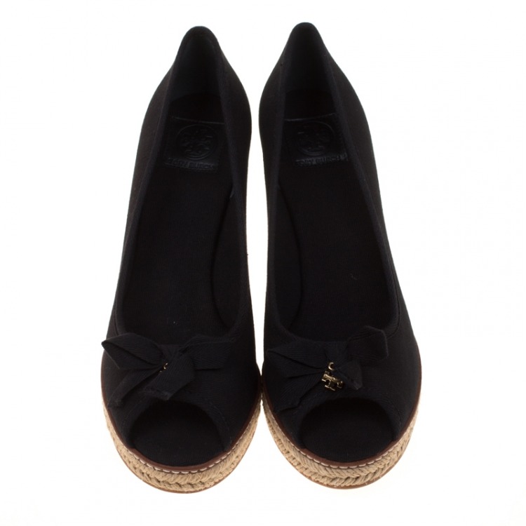 Pre Owned Tory Burch Black Canvas Jackie Espadrille Wedge Pumps Size 39.5