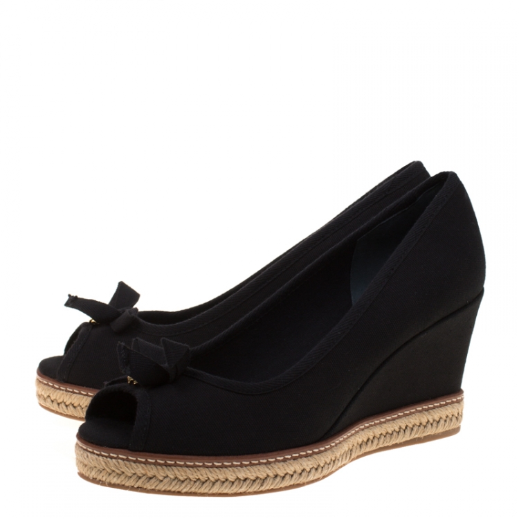 Pre Owned Tory Burch Black Canvas Jackie Espadrille Wedge Pumps Size 39.5