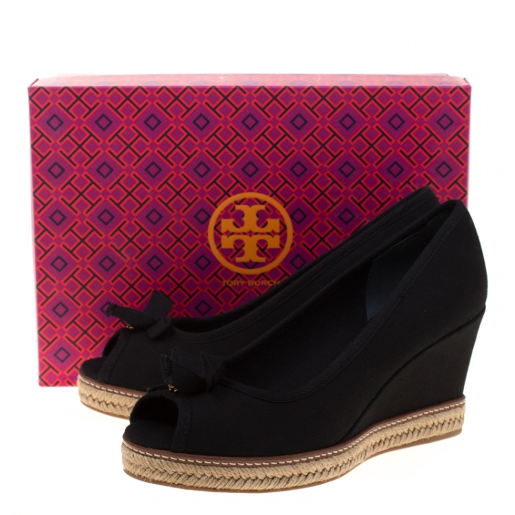 Pre Owned Tory Burch Black Canvas Jackie Espadrille Wedge Pumps Size 39.5
