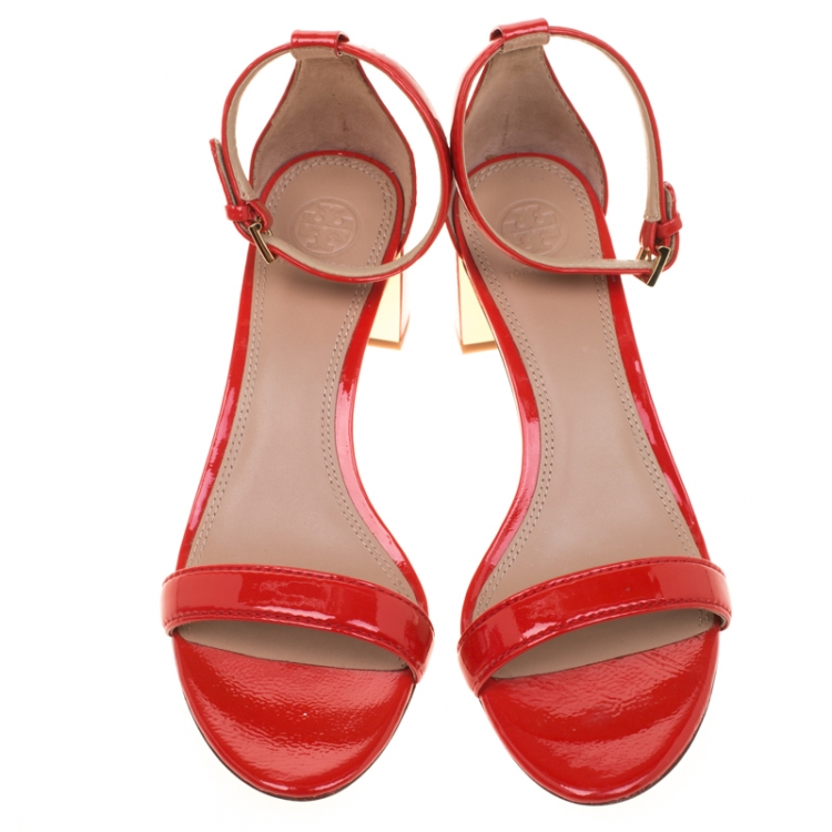 Pre Owned Tory Burch Red Patent Leather Cecile Block Heel Ankle Strap Sandals Size 39
