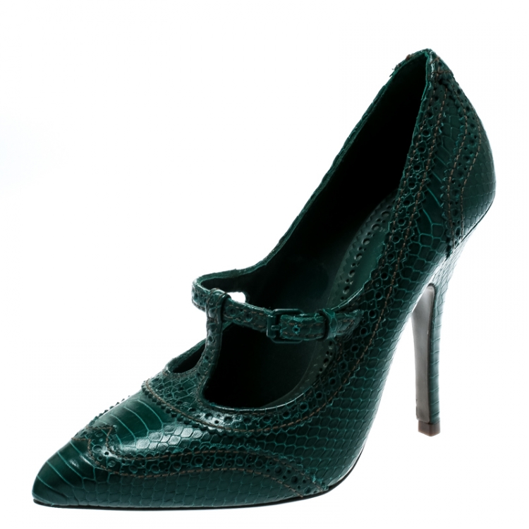 Pre Owned Tory Burch Green Brogue Embossed Snakeskin Leather Everly Pointed Toe Pumps Size 38