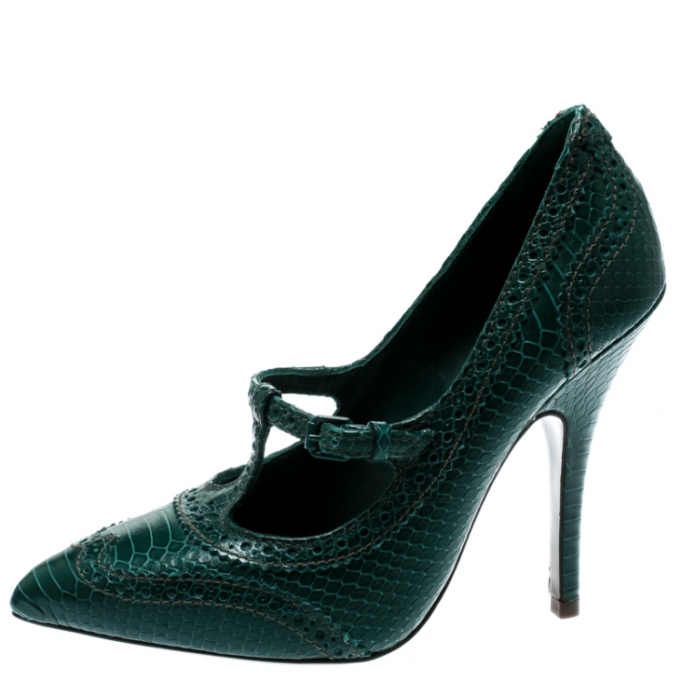 Pre Owned Tory Burch Green Brogue Embossed Snakeskin Leather Everly Pointed Toe Pumps Size 38