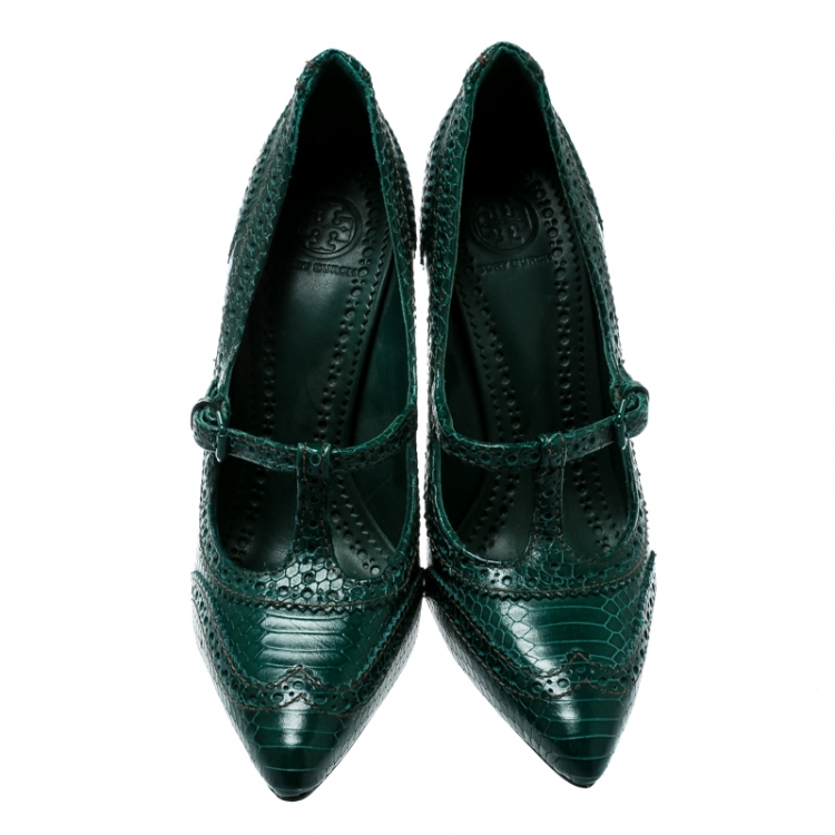 Pre Owned Tory Burch Green Brogue Embossed Snakeskin Leather Everly Pointed Toe Pumps Size 38