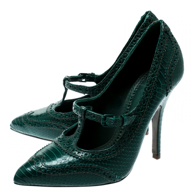 Pre Owned Tory Burch Green Brogue Embossed Snakeskin Leather Everly Pointed Toe Pumps Size 38