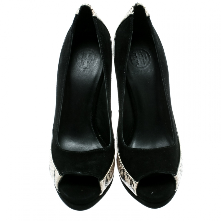 Pre Owned Tory Burch Black Suede and Python Embossed Leather Sandra Wedge Peep Toe Pumps Size 39