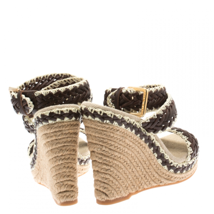 Pre Owned Tory Burch Two Tone Woven Leather Lilah Ankle Strap Espadrille Wedge Sandals Size 36.5