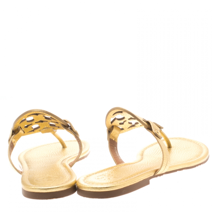 Pre Owned Tory Burch Metallic Gold Leather Miller Flat Thong Sandals Size 39.5