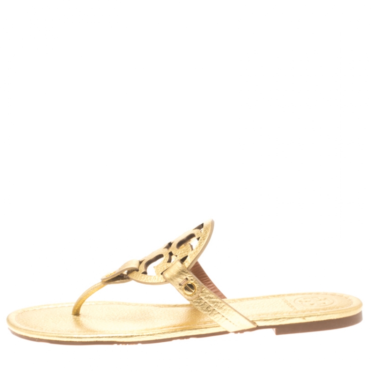 Tory Burch Metallic Gold Leather Miller Flat Thong Sandals Size  Tory  Burch | TLC