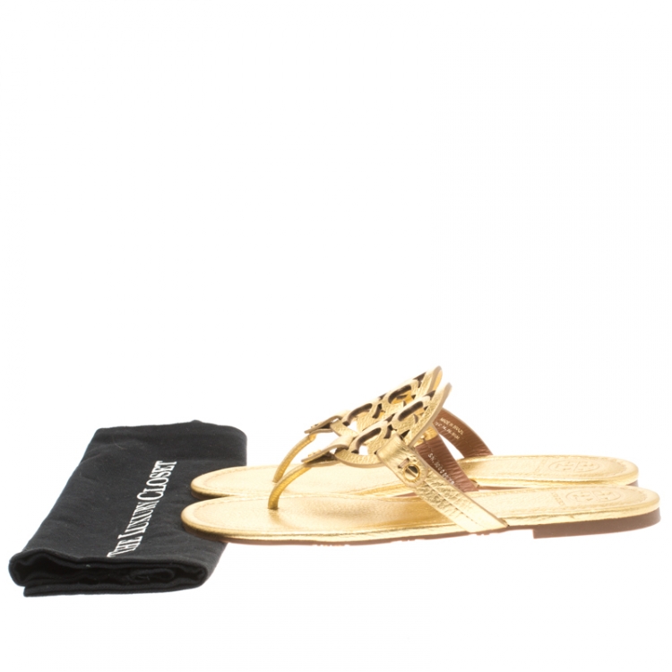 Pre Owned Tory Burch Metallic Gold Leather Miller Flat Thong Sandals Size 39.5