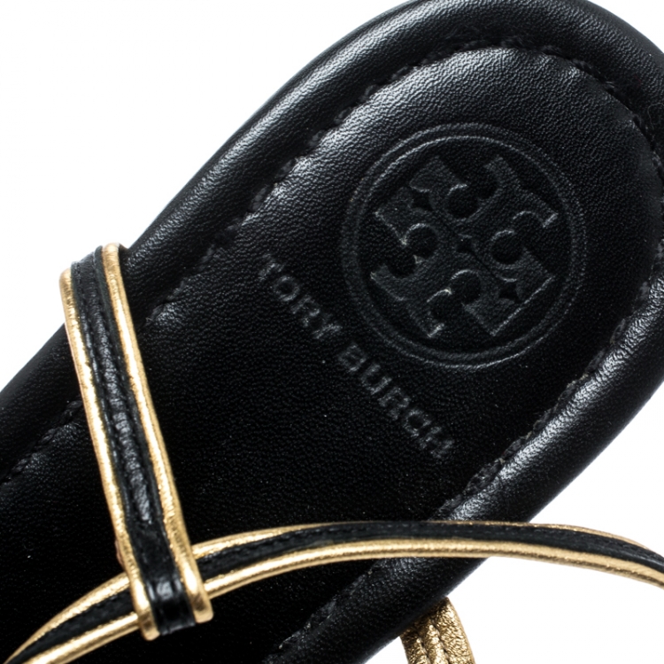 Pre Owned Tory Burch Black/Metallic Gold Leather Shane Link Detail Flat Thong Sandals Size 39.5