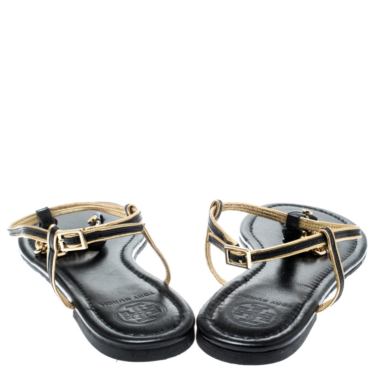 Pre Owned Tory Burch Black/Metallic Gold Leather Shane Link Detail Flat Thong Sandals Size 39.5