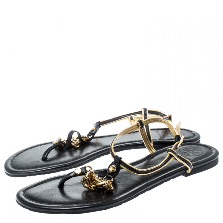 Pre Owned Tory Burch Black/Metallic Gold Leather Shane Link Detail Flat Thong Sandals Size 39.5
