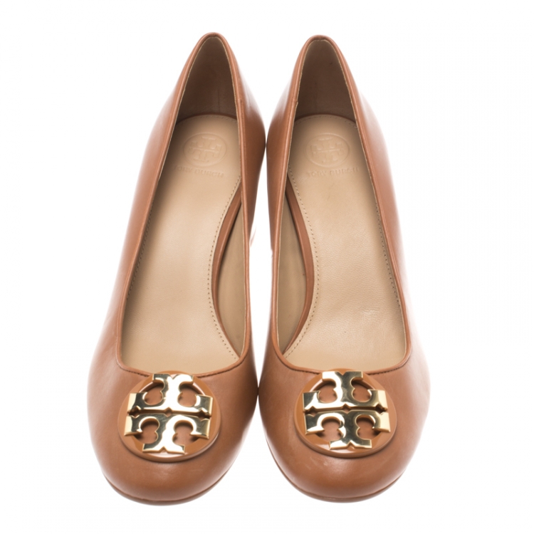 Pre Owned Tory Burch Tan Leather Janey Block Heel Pumps Size 39