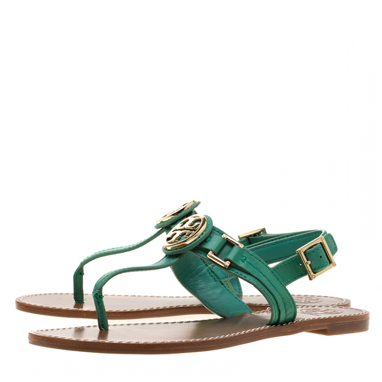 Pre Owned Tory Burch Green Leather Logo Detail Thong Backstrap Sandals Size 37.5