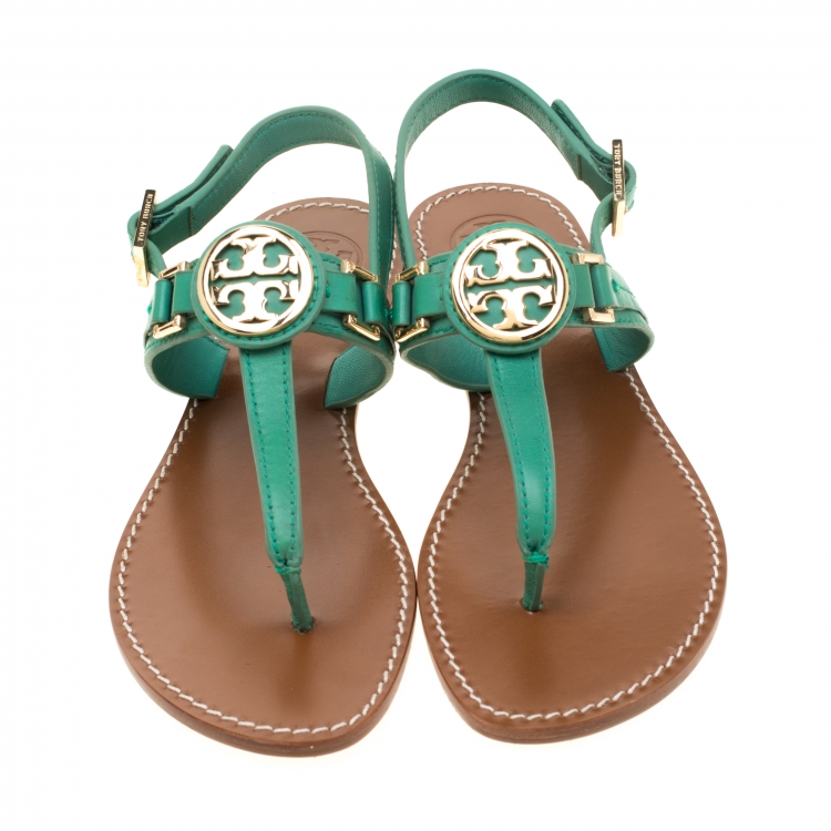 Pre Owned Tory Burch Green Leather Logo Detail Thong Backstrap Sandals Size 37.5