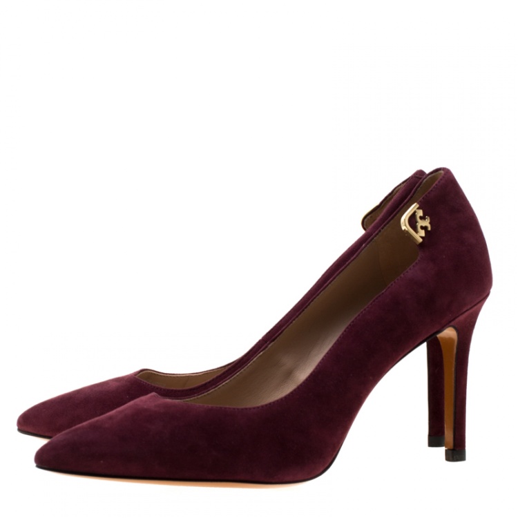Pre Owned Tory Burch Burgundy Suede Elizabeth Pointed Toe Pumps Size 37