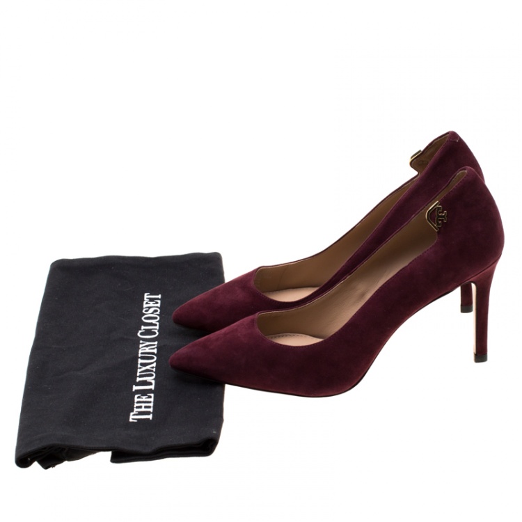 Pre Owned Tory Burch Burgundy Suede Elizabeth Pointed Toe Pumps Size 37