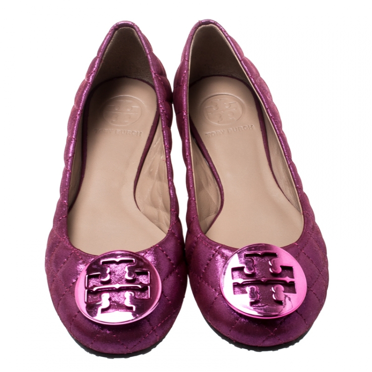 مملوكة مسبقًا Tory Burch Metallic Pink Quilted Leather Reva Ballet Flats Size 36