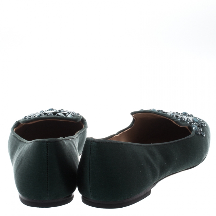 Pre Owned Tory Burch Green Satin Delphine Crystal Embellished Smoking Slippers Size 38
