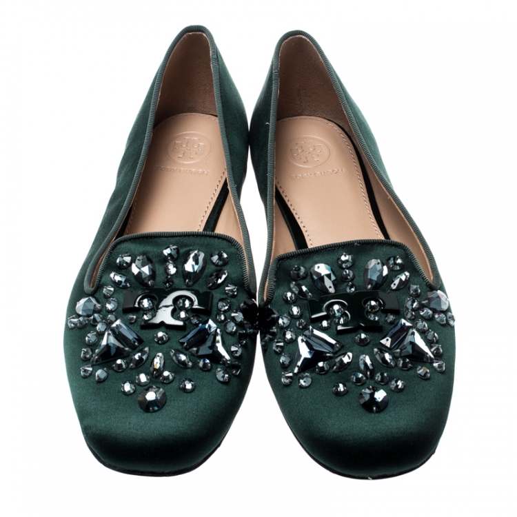 Pre Owned Tory Burch Green Satin Delphine Crystal Embellished Smoking Slippers Size 38