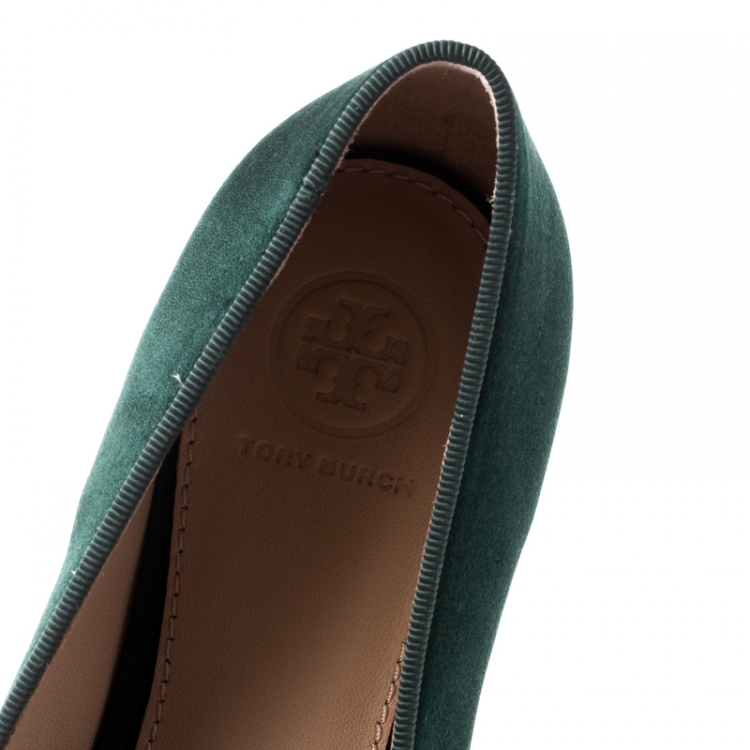 Pre Owned Tory Burch Green Satin Delphine Crystal Embellished Smoking Slippers Size 38
