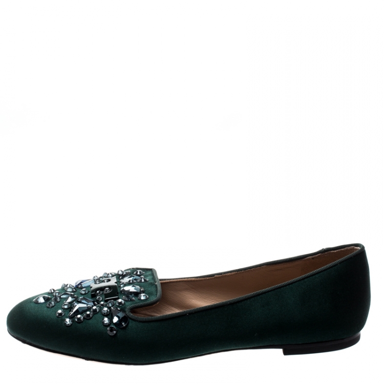 Pre Owned Tory Burch Green Satin Delphine Crystal Embellished Smoking Slippers Size 38
