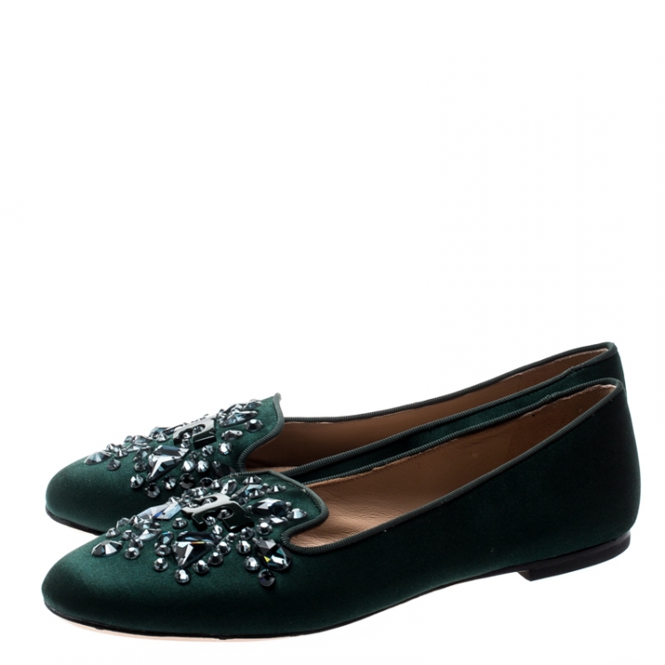 Pre Owned Tory Burch Green Satin Delphine Crystal Embellished Smoking Slippers Size 38