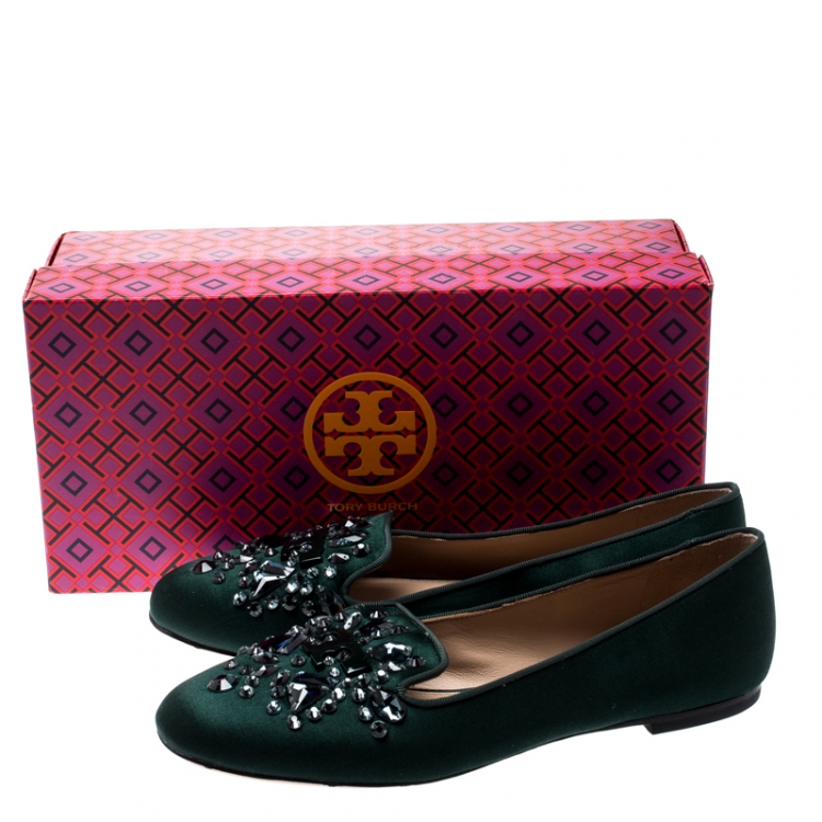 Pre Owned Tory Burch Green Satin Delphine Crystal Embellished Smoking Slippers Size 38