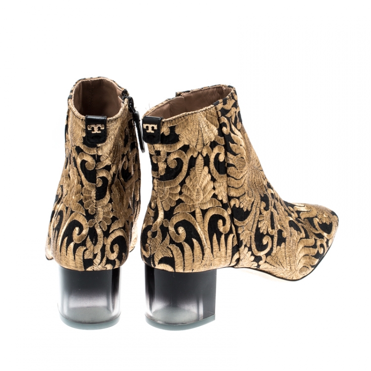Pre Owned Tory Burch Metallic Gold Brocade Fabric Ankle Boots Size 39