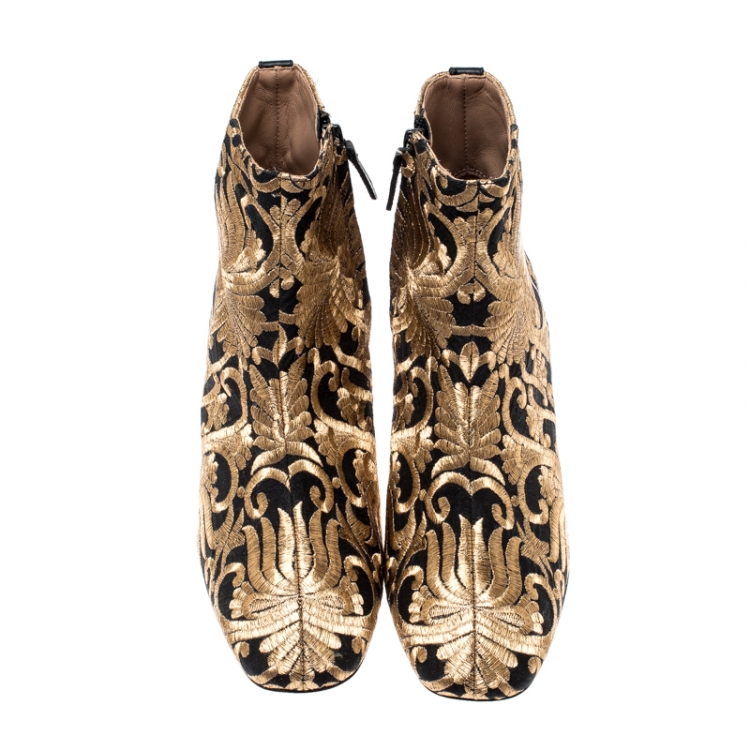 Pre Owned Tory Burch Metallic Gold Brocade Fabric Ankle Boots Size 39