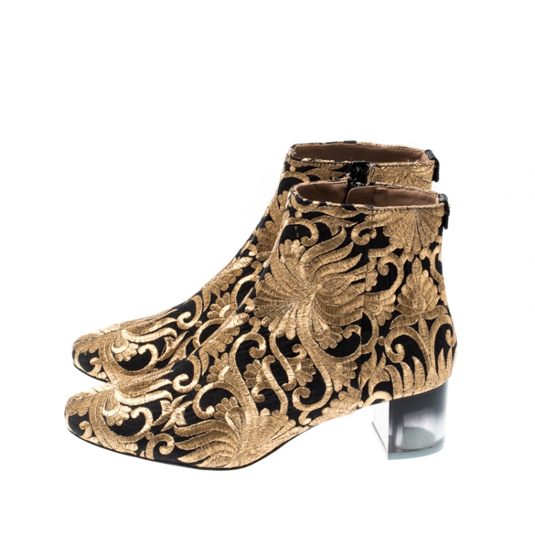 Pre Owned Tory Burch Metallic Gold Brocade Fabric Ankle Boots Size 39