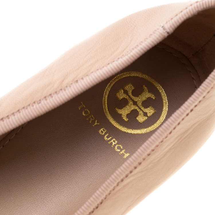 Pre Owned Tory Burch Beige Leather Laila Bow Detail Ballet Flats Size 39