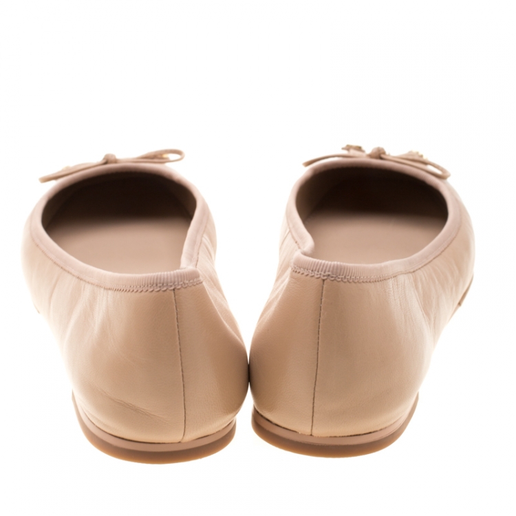 Pre Owned Tory Burch Beige Leather Laila Bow Detail Ballet Flats Size 39