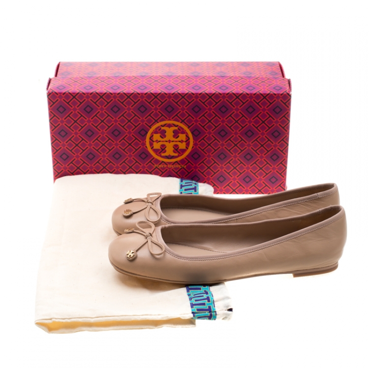 Pre Owned Tory Burch Beige Leather Laila Bow Detail Ballet Flats Size 39