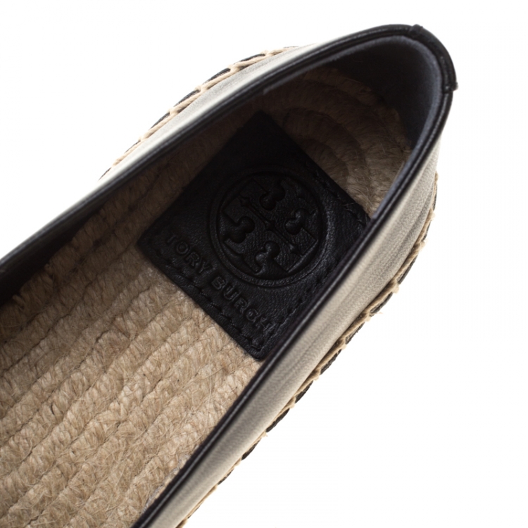 Pre Owned Tory Burch Black Leather Blossom Floral Applique Espadrilles Size 36