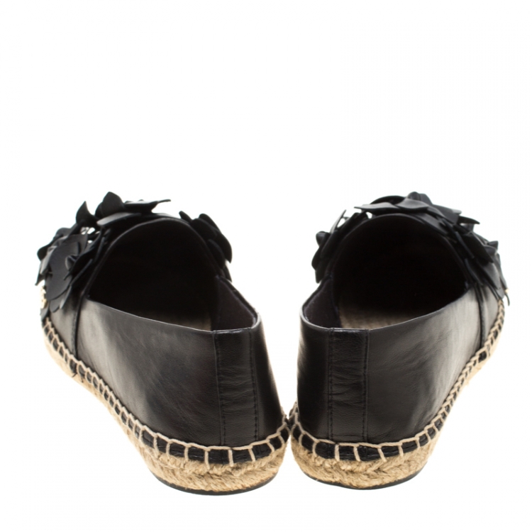 Pre Owned Tory Burch Black Leather Blossom Floral Applique Espadrilles Size 36