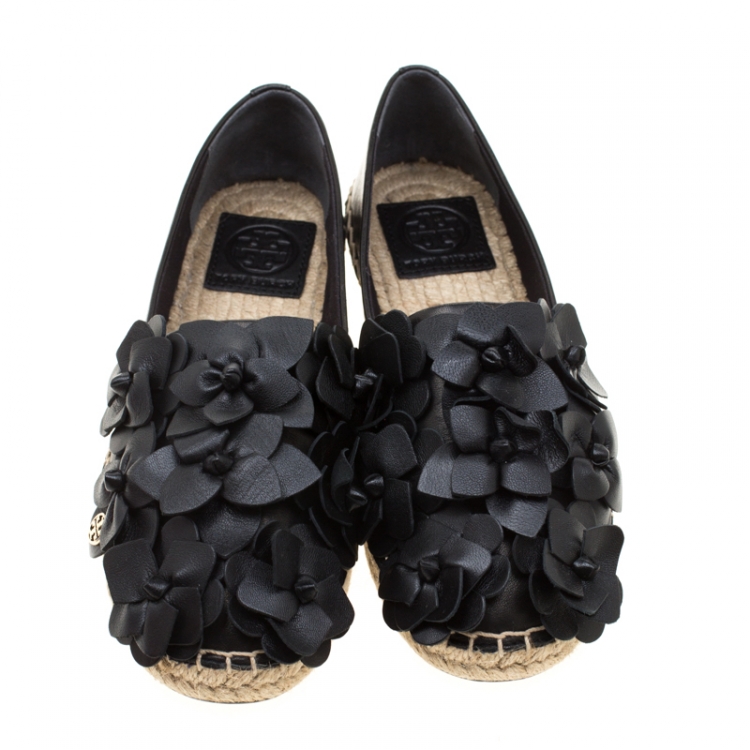 Pre Owned Tory Burch Black Leather Blossom Floral Applique Espadrilles Size 36