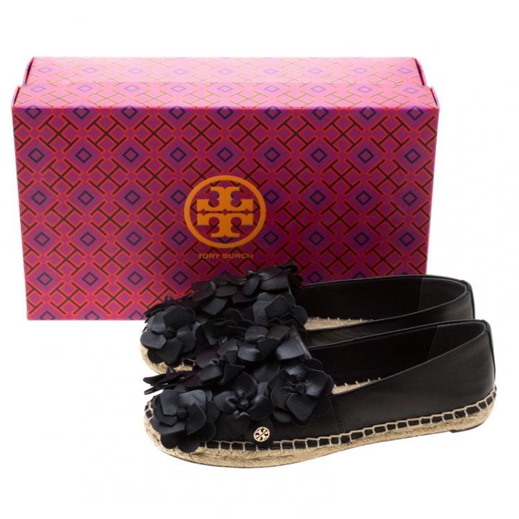 Pre Owned Tory Burch Black Leather Blossom Floral Applique Espadrilles Size 36