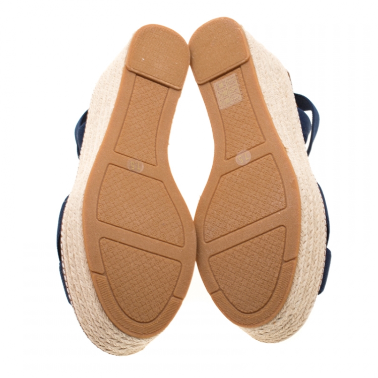 Pre Owned Tory Burch Royal Navy Stretch Fabric And Beige Leather Frieda Cross Strap Espadrille Platform Sandals Size 37.5