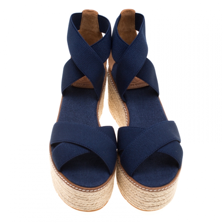Pre Owned Tory Burch Royal Navy Stretch Fabric And Beige Leather Frieda Cross Strap Espadrille Platform Sandals Size 37.5