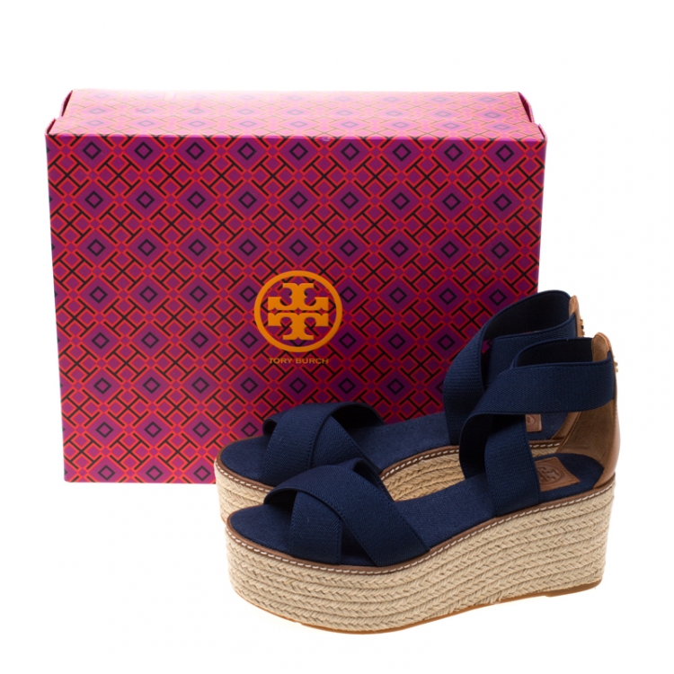Pre Owned Tory Burch Royal Navy Stretch Fabric And Beige Leather Frieda Cross Strap Espadrille Platform Sandals Size 37.5