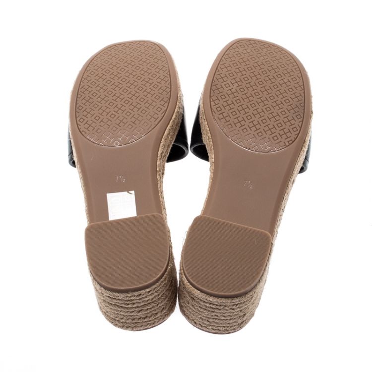 Pre Owned Tory Burch Black Leather Fleming Espadrille Slides Size 37.5