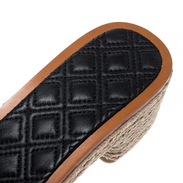 Pre Owned Tory Burch Black Leather Fleming Espadrille Slides Size 37.5