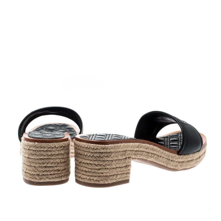 Pre Owned Tory Burch Black Leather Fleming Espadrille Slides Size 37.5