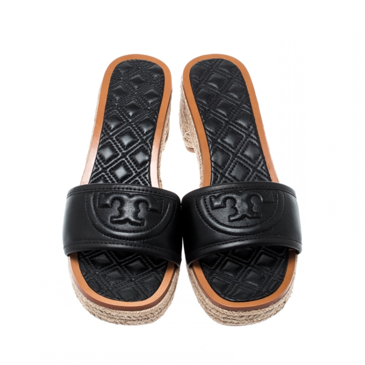 Pre Owned Tory Burch Black Leather Fleming Espadrille Slides Size 37.5