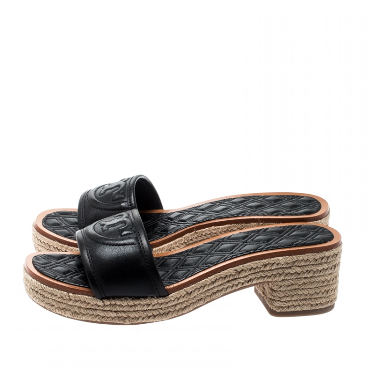 Pre Owned Tory Burch Black Leather Fleming Espadrille Slides Size 37.5