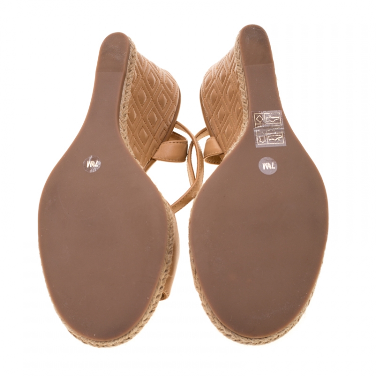 Pre Owned Tory Burch Brown Leather Marion Espadrille Trim Quilted Wedge Sandals Size 37.5