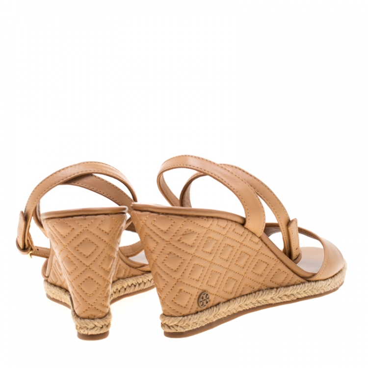 Pre Owned Tory Burch Brown Leather Marion Espadrille Trim Quilted Wedge Sandals Size 37.5