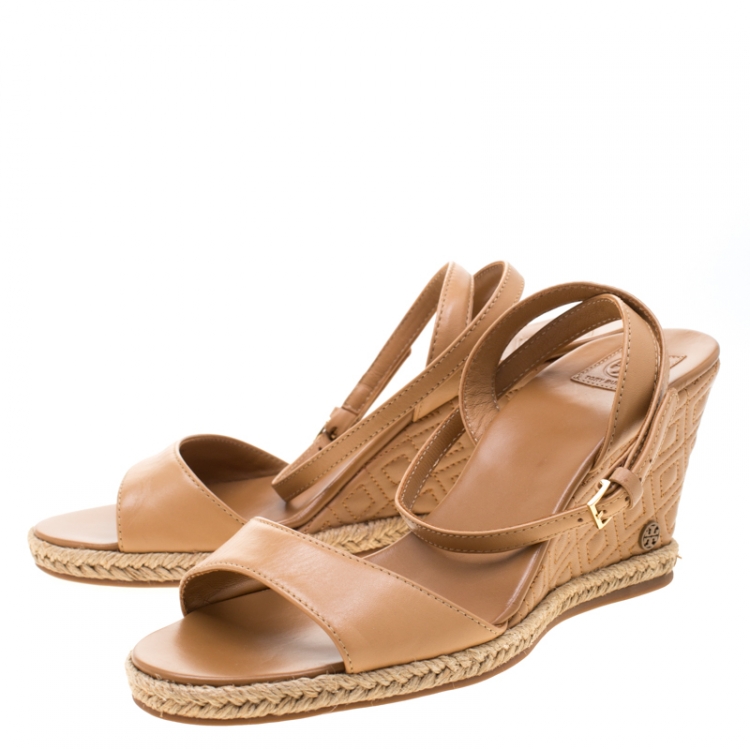 Pre Owned Tory Burch Brown Leather Marion Espadrille Trim Quilted Wedge Sandals Size 37.5